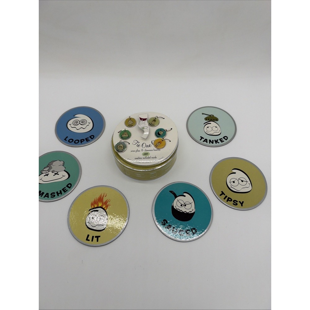 Tie One On Set Of Coasters And Wine Glass Charms New Open Box